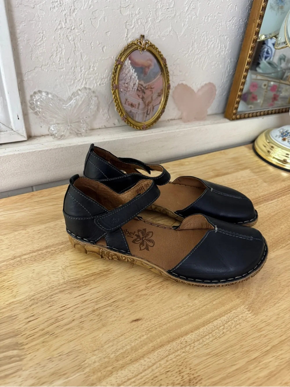 Josef Seibel Black Leather Mary Jane Comfort Flats EU 39 Minimalist Classic